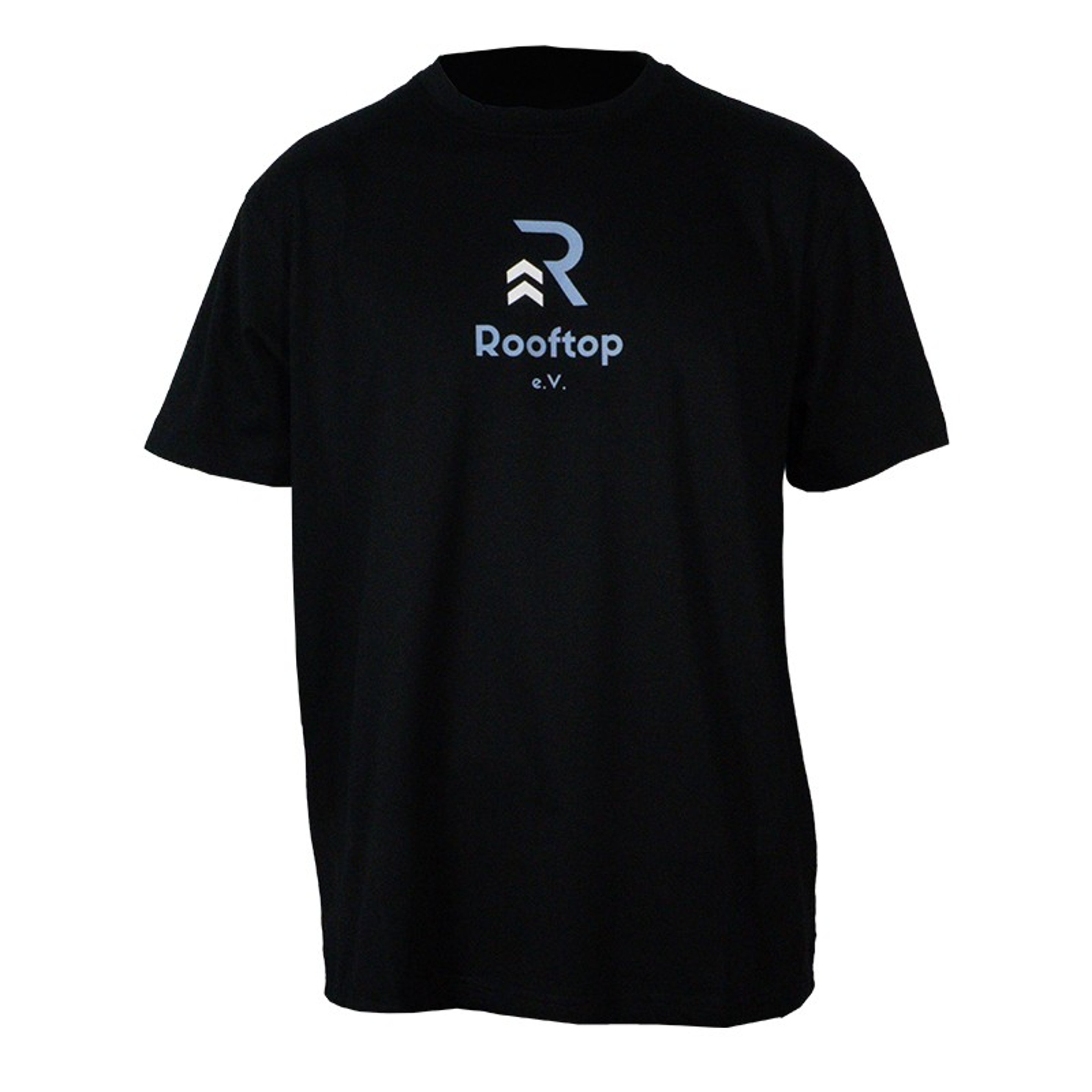 Schwarzes T-Shirt mit blauem „Rooftop e.V.“ Logo und einem stilisierten „R“ mit zwei Pfeilen nach oben.