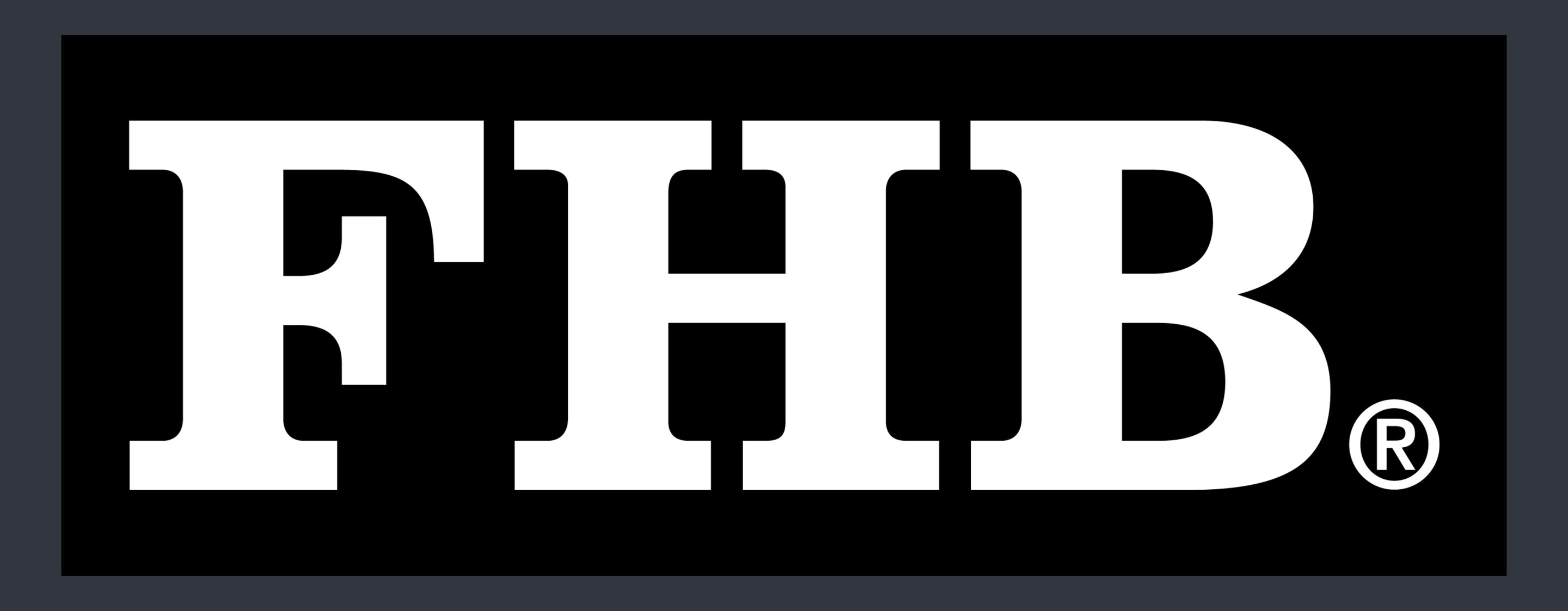 Schwarzes Logo mit weißen Großbuchstaben „FHB“ und Warenzeichen-Symbol.