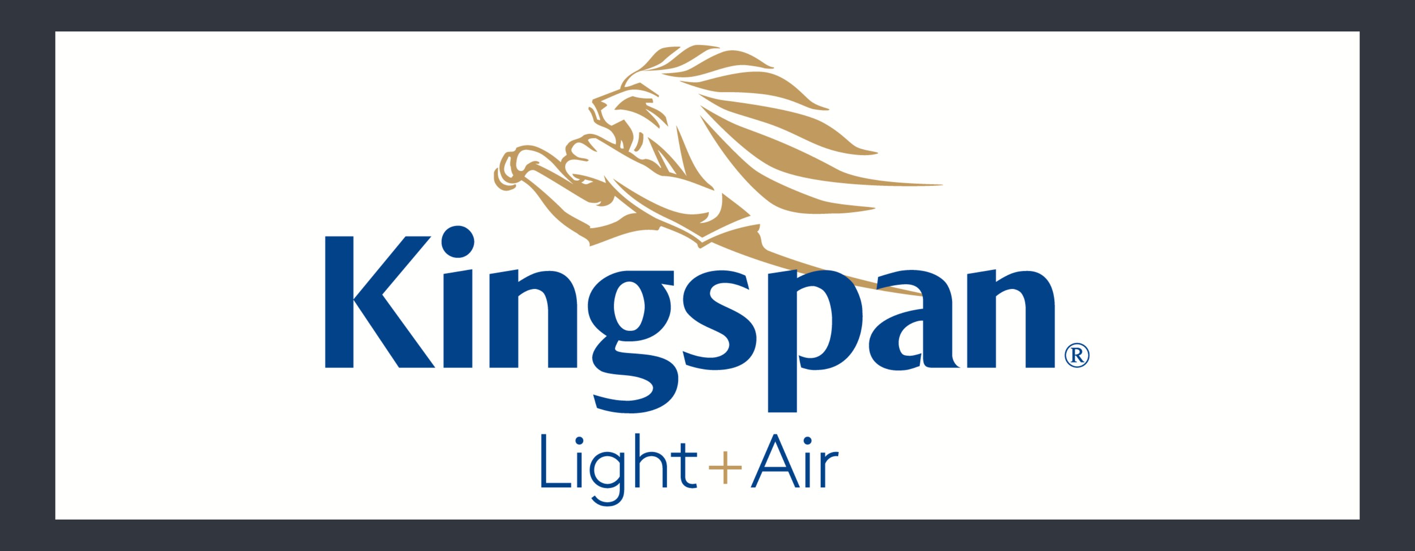Kingspan Light + Air Logo mit goldenem Löwen über blauem Text.