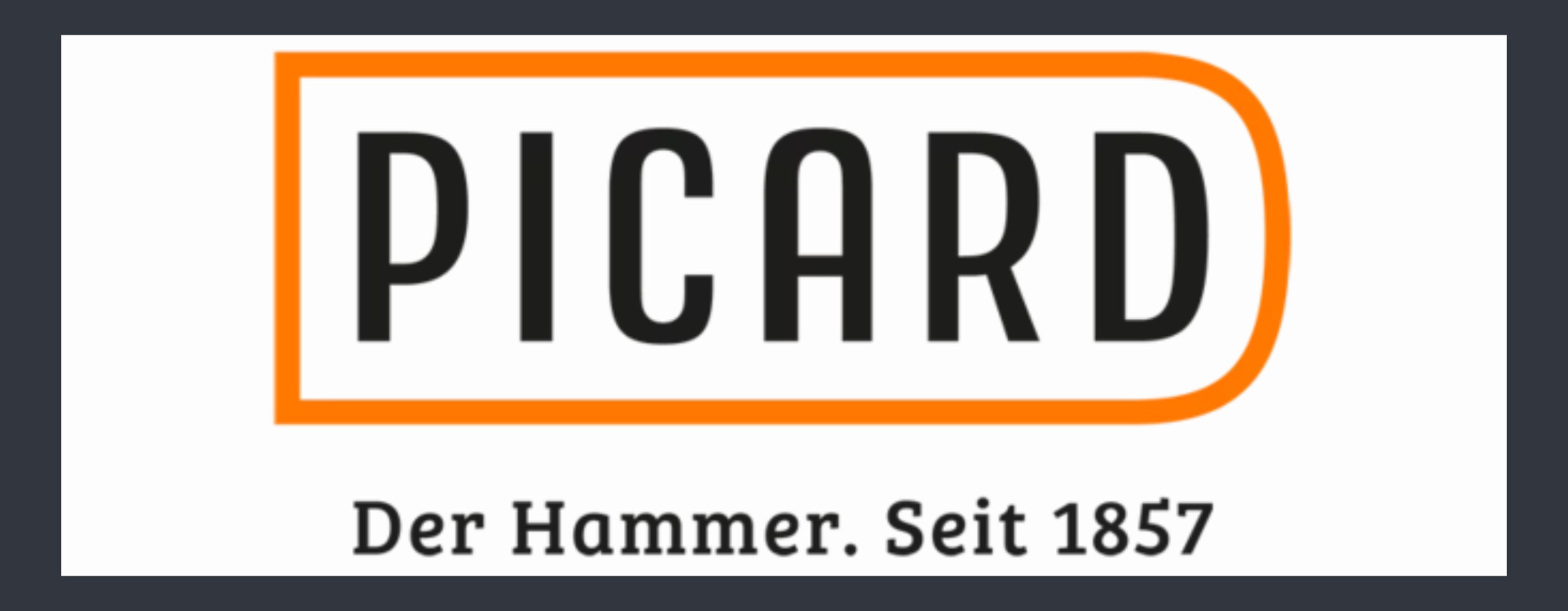 Picard Logo mit orangefarbenem Rahmen und Text „Der Hammer. Seit 1857“.